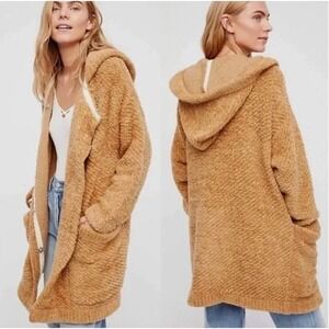 Free‎ People Warm Wishes Sand Hooded Sweater Knit Jacket XS Cabincore